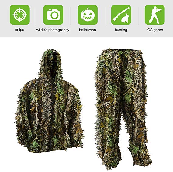 Pellor Ghillie Suits, 3D Leafy Ghille Suit for Youth Boys, Hooded Hunting Airsoft Camouflage Gillies Suits