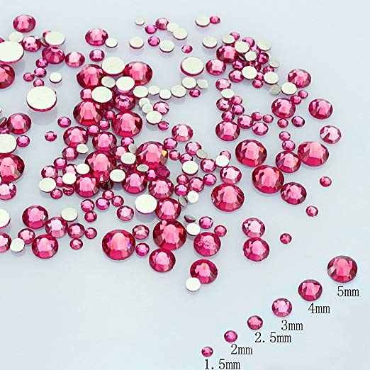 LolliBeads Resin Crystal Round Nail Art Mixed Flat Backs Acrylic Rhinestones Gems,Mix Size 1.5-5 mm, Color Rose Pink (1200Pcs)