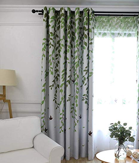Half Blackout Room Darkening Window Curtains/Panels for Bedroom Green Tree Leaves and Birds Pattern Cloth Curtains Ring Grommet Thermal Insulated Drapes for Living Room AiFish 1 Panel W39 x L84 inch