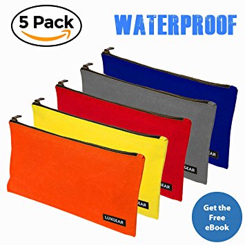 Waxed Canvas Tool Bag - 5 Pack - 16 oz Heavy Duty - Water Resistant - Best in Class - Brass Zipper Bags - 12.5” x 7” Multipurpose Pouch - Ultimate Durability