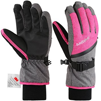 Andake Winter Gloves/Ski Gloves, Women's 3M Thinsulate Snow Warm Insulated Gloves Windproof Waterproof Gloves for Skiing, Snowboarding and Skating