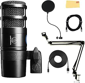 Audio-Technica AT2040USB Hypercardioid Dynamic Podcast Microphone - Bundle with Pop Filter, Boom Arm, XLR Cable, and Austin Bazaar Polishing Cloth