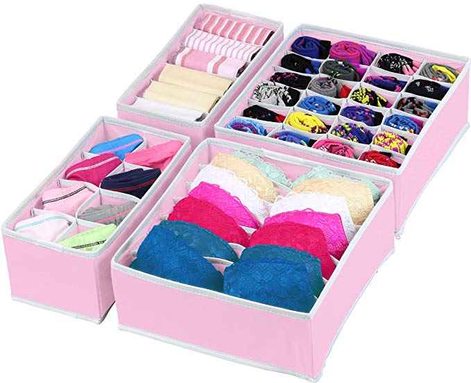 Simple Houseware Closet Underwear Organizer Drawer Divider 4 Set, Pink