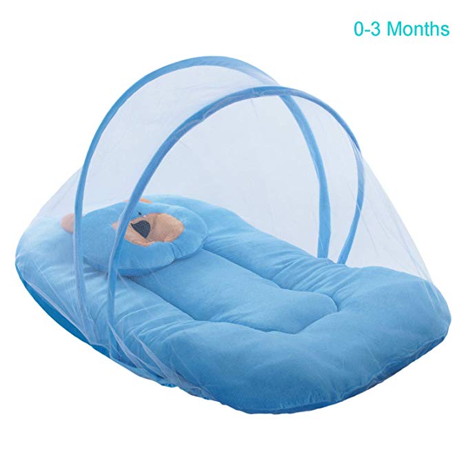 Cutieco Soft and Comfortable New Born Baby Bedding Set with Protective Mosquito Net and Pillow, Sky Blue