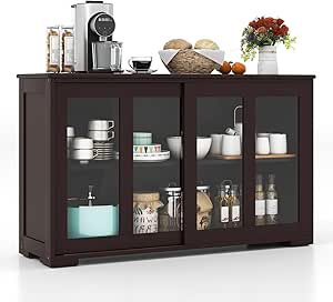 COSTWAY Buffet Sideboard with Storage, 2-Door Floor Cupboard with Sliding Tempered Glass Cabinet & Adjustable Shelf, Stackable Storage Cabinet for Kitchen, Entryway (Brown)