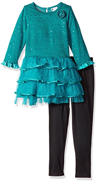 Youngland Girls' Sparkle Brushed Sweater Knit and Mesh Tiered Dress