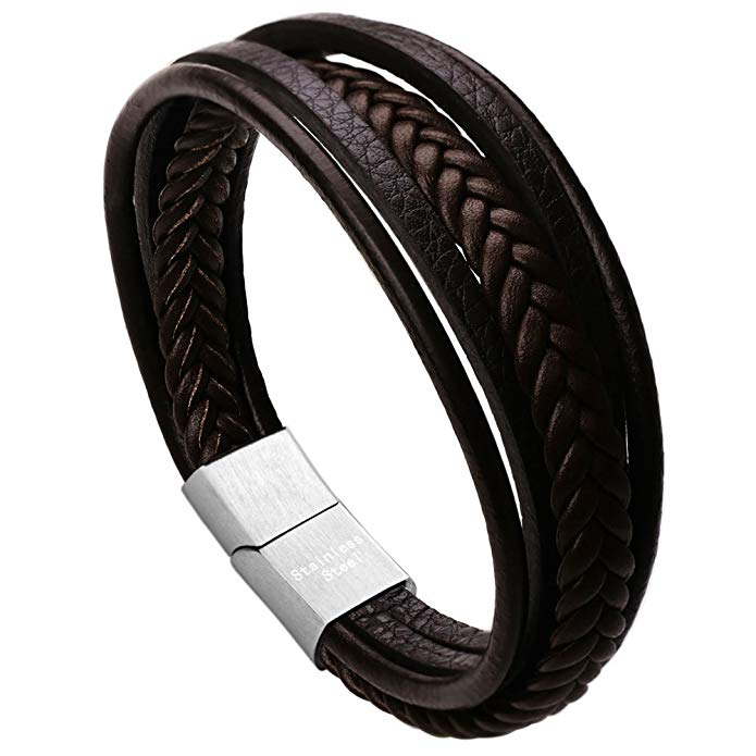 murtoo Mens Leather Bracelet with Magnetic Clasp Cowhide Multi-Layer Braided Leather Mens Bracelet
