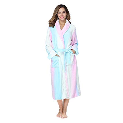 RONGTAI Shawl Collar Bathrobe for Women，Flannel Plush Long Kimono Pajamas Women‘s Robe
