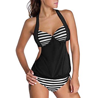 Lover-Beauty Women's Stripes Lined Up Double Up Tankini Top Bikini Swimwear