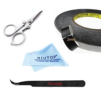 NIUTOP Adhesive Sticker Double Sided Tape Sticky Glue Tape 2mm Wide 50M long with Tool Set Kits Tweezers Cleaning Clotch Scissors for iPhone 6 iPhone 6 plus iPhone 5 5S 5C 4S 4 iPad Air iPad Mini iMac Macbook Samsung Galaxy S5 S4 S3 S2 i9300 i9500 Note 3 Note 2 HTC One M7 M8 Moto X Google Nexus 4 5 6 7 9 10 LG Optimus G2 G3 SAMSUNG GALAXY Tab ASUS DELL Huawei Xiaomi Lenovo HP Acer Sony Nokia Blu blackberry Android Tablet Pc Laptop Computer Smartphones GPS Gopro Hero Camera PSP NDS LCD Display Touch screen Digitizer Glass housing cover Repair Fix   1 pair of Tweezers 1 Cleaning Clotch and 1 pair of Special Scissors for Free (2mm Black)
