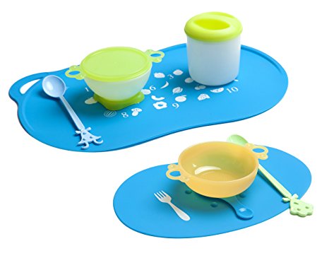 Baby Silicone Placemats, Kidsmile 2-Piece Waterproof Portable Roll-Up Non-Slip Baby Toddler Dinning Table Placemat with Raised Edges Fruits & Number Cute Pattern/The Best Baby Gift for Boys & Girls