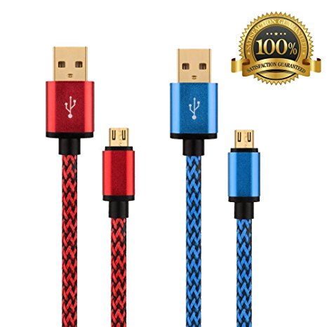 [2 Pack]S7 Edge Micro USB Cable Nylon Braided Gold Plated, High Speed Fast Charging Chord for Samsung Galaxy / Edge, HTC, LG. ,High Quality- Guaranteed Satisfaction.[Red/Blue]