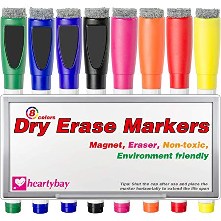 Low Odor Magnetic Dry Erase Markers with Erasers by heartybay, Medium Point, Assorted Colors, 8-Count