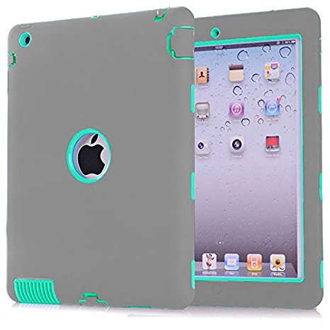 iPad 2 Case,iPad 3 Case,iPad 4 Case,Shock-Absorption / High Impact Resistant Hybrid Three Layer Armor Defender Protective Case Cover (Grey/Mint Green)