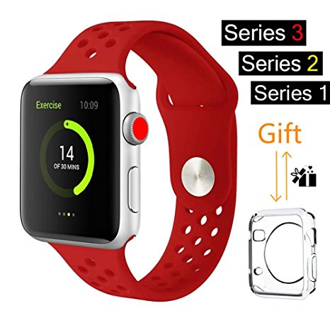 For Apple Watch Band, MOOLLY Soft Silicone Replacement iWatch Band Sport Wrist Strap for Apple Watch Band Series 3 Series 2 Series 1 Sport& Edition 42mm (LK42MM-Red)