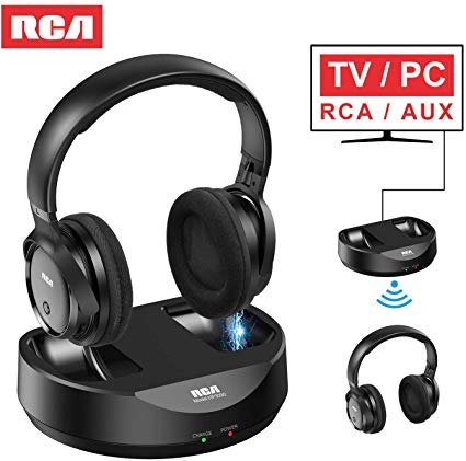 RCA Wireless TV Headphones, Over Ear Headphones for TV Watching, PC Phone MP3 iPod VCD DVD, Headphones for Seniors Hard of Hearing, 148ft/45M Range, Rechargeable and Adjustable