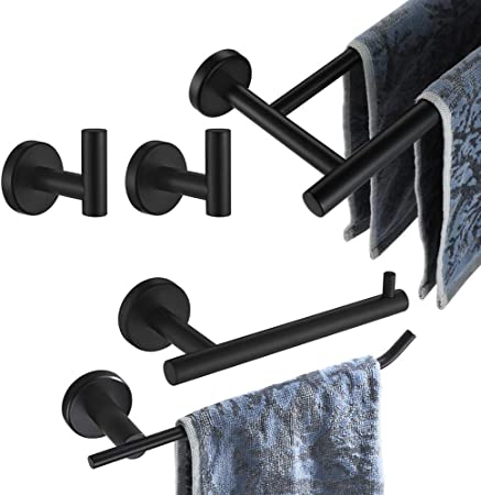 JQK Bathroom Hardware Set, 5-Piece Bath Accessories Set Matte Black Wall Mount Includes 24 in Towel Bar, 9 in HT Bar, TP Holder, Towel Hook x 2, BAS105-PB