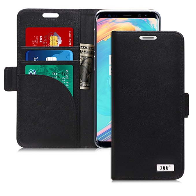 FYY [Genuine Leather] Wallet Case for Samsung Galaxy S9 2018, Handmade Flip Folio Wallet Case with Kickstand Card Slots Magnetic Closure for Samsung Galaxy S9 2018 Black-1