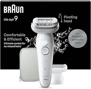 Braun Silk-épil 9 Depilatore Donna, Epilatore Elettrico Donna Con Testina Flessibile, Wet & Dry, Pelle Liscia a Lungo, Con Testina Per Rasoio Donna e Cappuccio Rifinitore, 9-041, Bianco/Argento