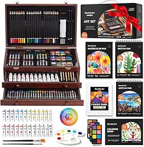 Shuttle Art Deluxe Gift Art Kit, 202-Piece Wooden Art Supplies Set with 4 Drawing Pads, Canvases, Coloring Sheets, Acrylic Paint, Crayons, Oil Pastels, Colored Pencils for Kids