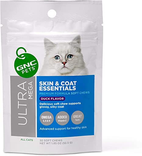 GNC Pets Ultra Mega Skin & Coat Essentials Soft Chews for Cats, 30 Count - Duck Flavor | Advanced Support for Healthy Skin