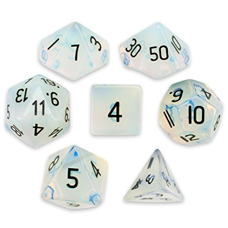 Set of 7 Handmade Stone 16mm Polyhedral Dice with Velvet Pouch by Wiz Dice - Choose From 12 Different Stones
