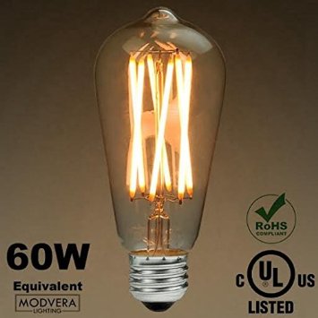 4 pack - Modvera LED Antique X-Filament Bulb Edison ST64 Style 8 Watt 60W Equivalent 2200K Vintage Warm White Color Temp E26 Base Dimmable Amber Glass Finish UL Listed RoHS Compliant