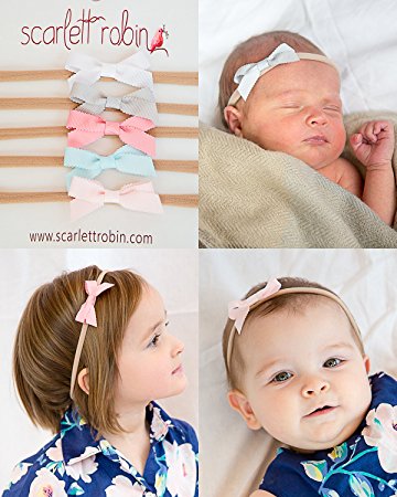 5 Ribbon Bows on Nylon Headbands Multi-packs for Baby and Girls. {Scarlett Robin Brand} (ribbon "softs")