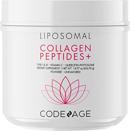 Codeage Liposomal Collagen Peptides Powder   Vitamin C & Quercetin Phytosome, Phospholipid Complex, Grass-Fed Pasture-Raised Hydrolyzed Collagen Type I & III Supplement All-in-One, Non-GMO, 14.97 oz