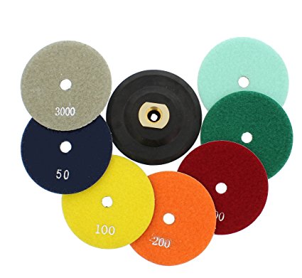 ABN 4-Inch Wet/Dry Diamond Polishing Pads, 8 Piece Set with Buffer, Rubber Backer for Granite, Stone, Marble