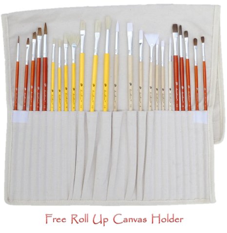 Daveliou Paint Brushes - 24 Brush Set - FREE Holder - 4 Hair 5 Head Shapes - Oil Acrylic Watercolor