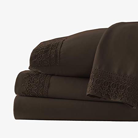 Southshore Fine Linens 4-Piece 21 Inch Deep Pocket Sheet Set with Beautiful Lace - Chocolate Brown - Queen
