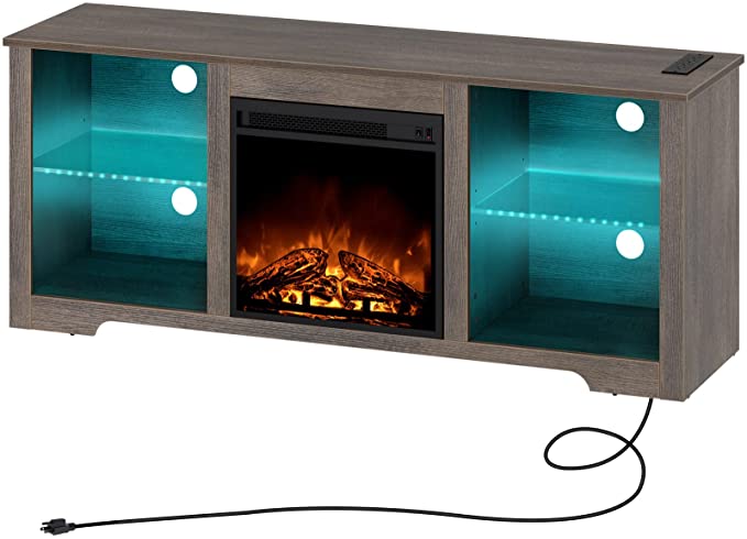 Rolanstar Fireplace TV Stand 57.9" with Led Lights and Power Outlets, TV Console for TVs up to 65", Entertainment Center with Adjustable Glass Shelves, Walnut