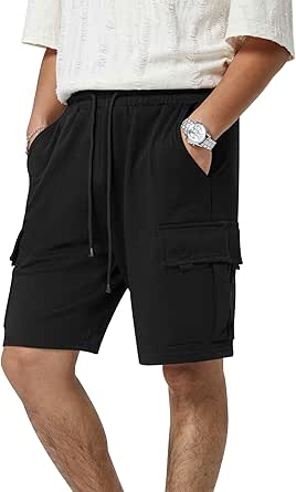 Mens Casual Sweat Cargo Cotton Shorts Drawstring Elastic Waist Athletic Workout Gym Jogger Shorts with 5 Pockets