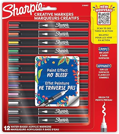 SHARPIE Creative Markers, Brush Tip Art Markers, Water-Based Acrylic Markers, Paint Marker Set, Assorted Colors, 12 Count