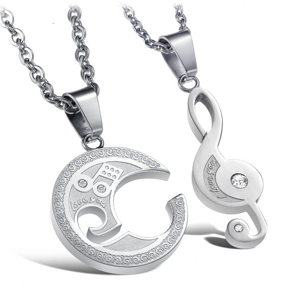 Fashion Jewelry Stainless Steel Music Note Engraved Couple Best Friend Puzzle pendant Necklace Sets