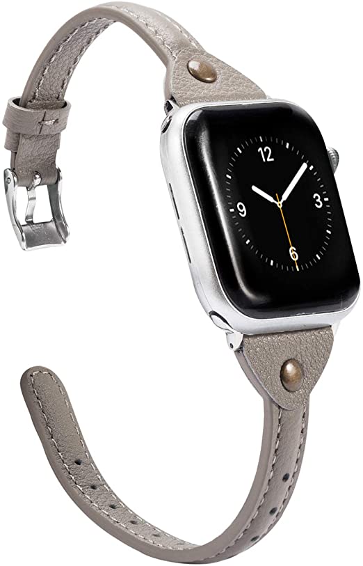 Wearlizer Gray Leather Compatible with Apple Watch Slim Leather Band 42mm 44mm for iWatch Womens Mens Strap Wristband Leisure Unique Bracelet (Silver Metal Clasp) Series 5 4 3 2 1 Sport