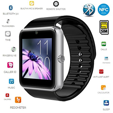 Smart Watch,[U.S. Warranty]JoyGeek All-in-1 Bluetooth Watch Wrist Watch Phone with SIM Card Slot and NFC for IOS Apple iPhone,Android Samsung HTC Sony LG Smartphones(Silver)
