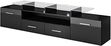 MEBLE FURNITURE & RUGS Evora 76" Wide High Gloss Fronts Matte Body Modern TV Stand (Black)