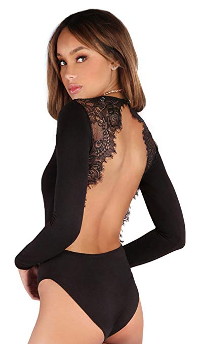 DIDK Women's Long Sleeve Backless Lace Applique Bodysuit