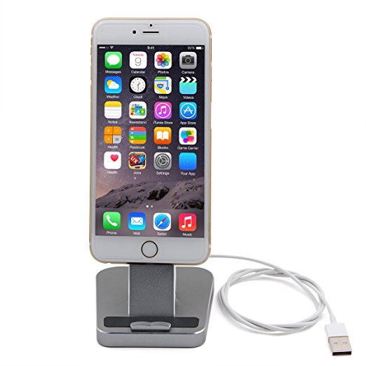 Aluminum Desktop Charging Stand Station Holder with 2 lightning cables for iphone 7/7plus/6/6plus and samsung s7/s7 eage (Grey)