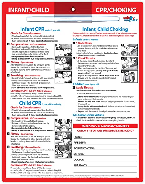 Infant & Child CPR and Choking First Aid - Laminated Card with Magnets - 8.5 x 11 in. - Dry-Erase Marker Included