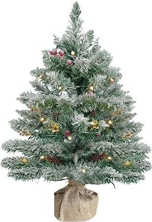 CHICHIC 20 Inch Prelit Artificial Mini Christmas Tree Snow Flocked Small Tabletop Christmas Tree Decorated with LED Lights, Pine Cones, Berry Clusters, Frosted Branches for Home Holiday Decorations