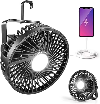 Odoland Camping Rechargeable Fan with Lantern, 10000mAh Battery Operated Fan with Hang Hook, Portable Camp Tent Fan with LED Light, USB Table Fan for Outdoor, Hurricane Emergency