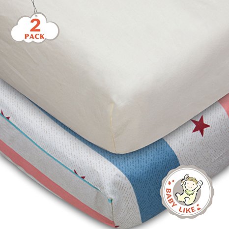 TillYou 100% Combed Cotton Sateen 2 Pack Crib Sheet Beige & Blue Star