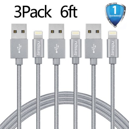 Airsspu 3Pack 6ft Nylon Braided Lightning USB Charging Cables Cord for iPhone 6s/ 6s Plus/ 6 Plus/ 6/ 5s/ 5c/ 5, iPad Mini/ Air/ 5 and iPod (Gray)