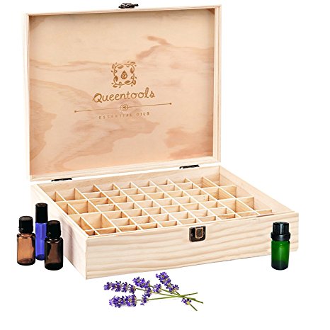 Queentools 68-Bottle Essential Oil Wooden Box, Organizer, Holder for 10ml, 15ml Bottles for Travel and Presentations 13.4L x 10.8 W x 3.2H inches