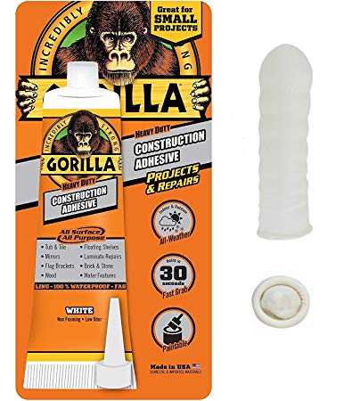 Gorilla 8020001 Heavy Duty Construction Adhesive, 2.5 oz., White With 10 Disposable Latex Finger Cots Rubber Fingertips