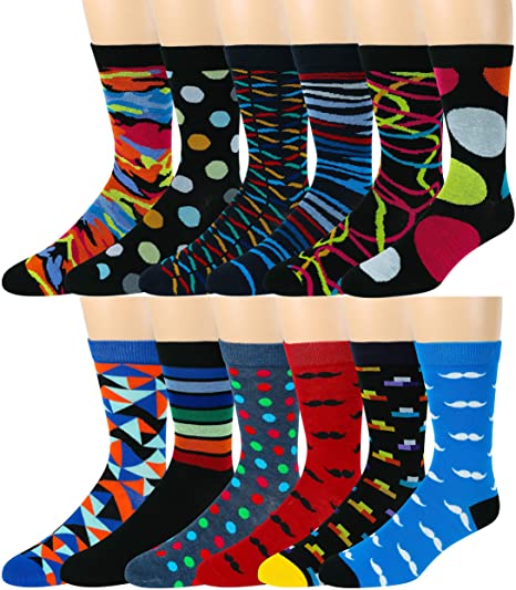 Men's Pattern Dress Funky Fun Colorful Socks 12 Assorted Patterns Size 10-13