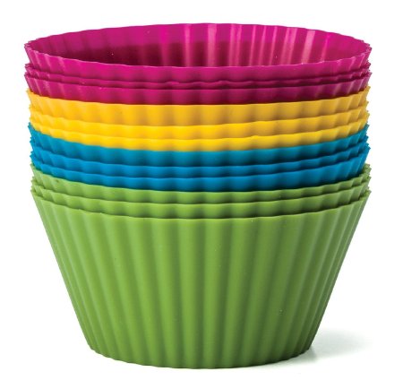 Baking Essentials Silicone Baking Cups Set of 12 Reusable Cupcake Liners in Four Colors - USE for Muffin Gelatin Snacks Frozen Treats Ice Cream or Chocolate Shell-lined Dessert Molds Non-stick 1